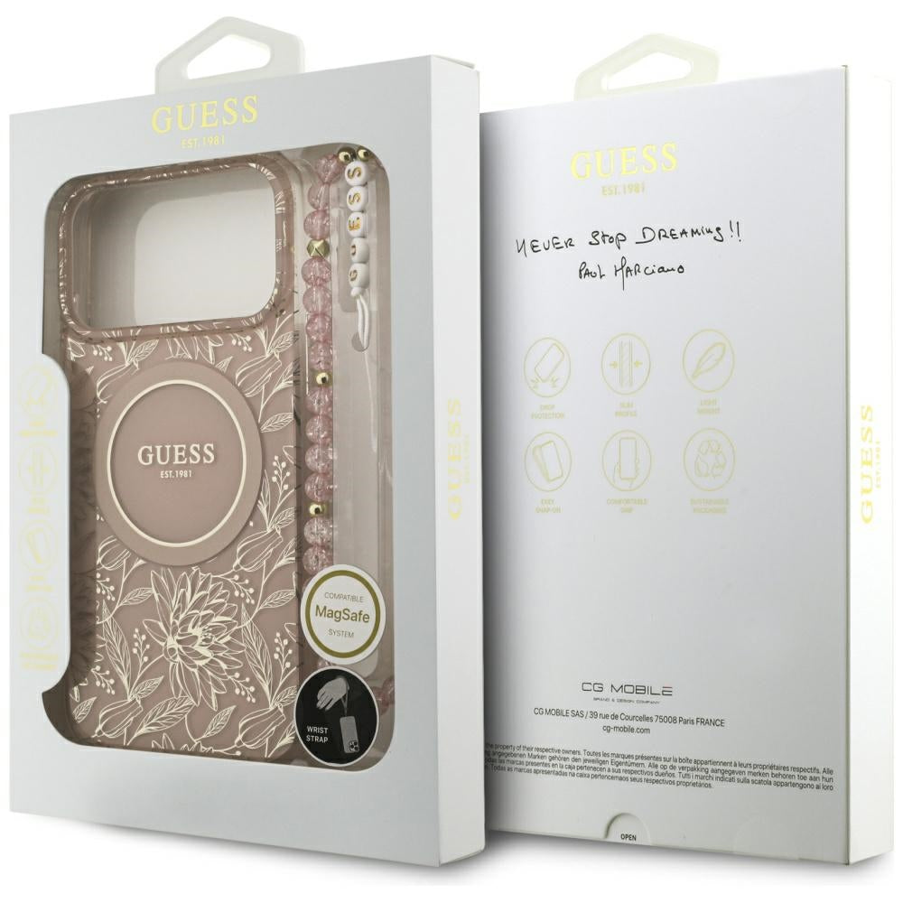 MagSafe-skal för Apple iPhone 17 Pro Max, Guess, IML Flowers Allover Electroplated with Pearl Strap, Rosa