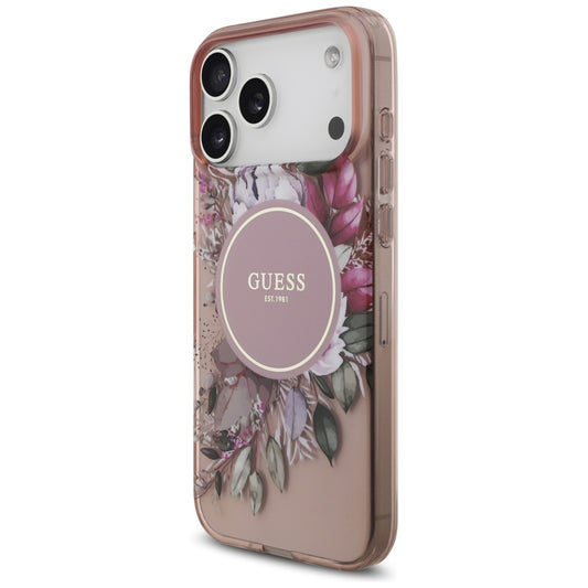 MagSafe-skal för Apple iPhone 17 Pro Max, Guess, IML Flowers with Pearl Strap, Rosa