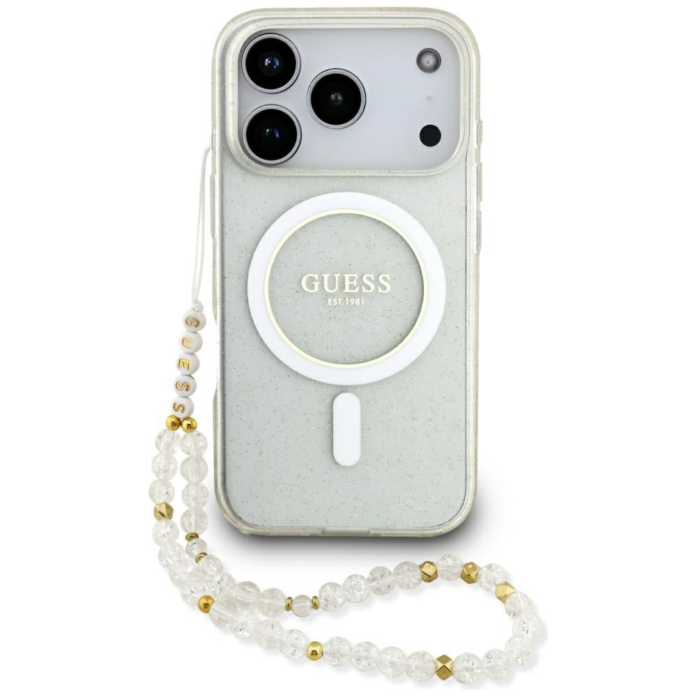 MagSafe-skal för Apple iPhone 17 Pro Max, Guess, IML Glitter med Pärlrem, Transparent