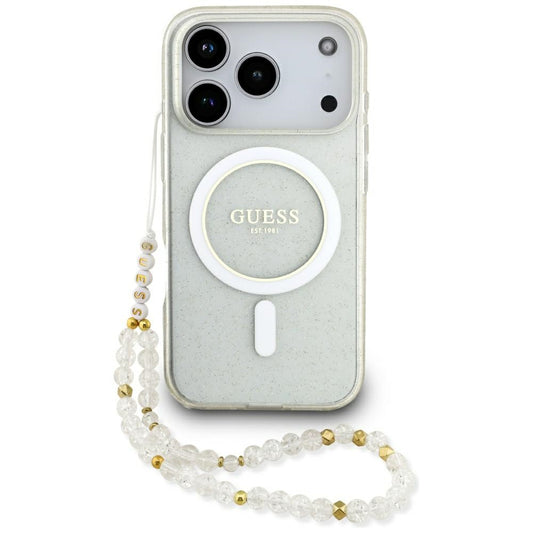 MagSafe-skal för Apple iPhone 17 Pro Max, Guess, IML Glitter med Pärlrem, Transparent