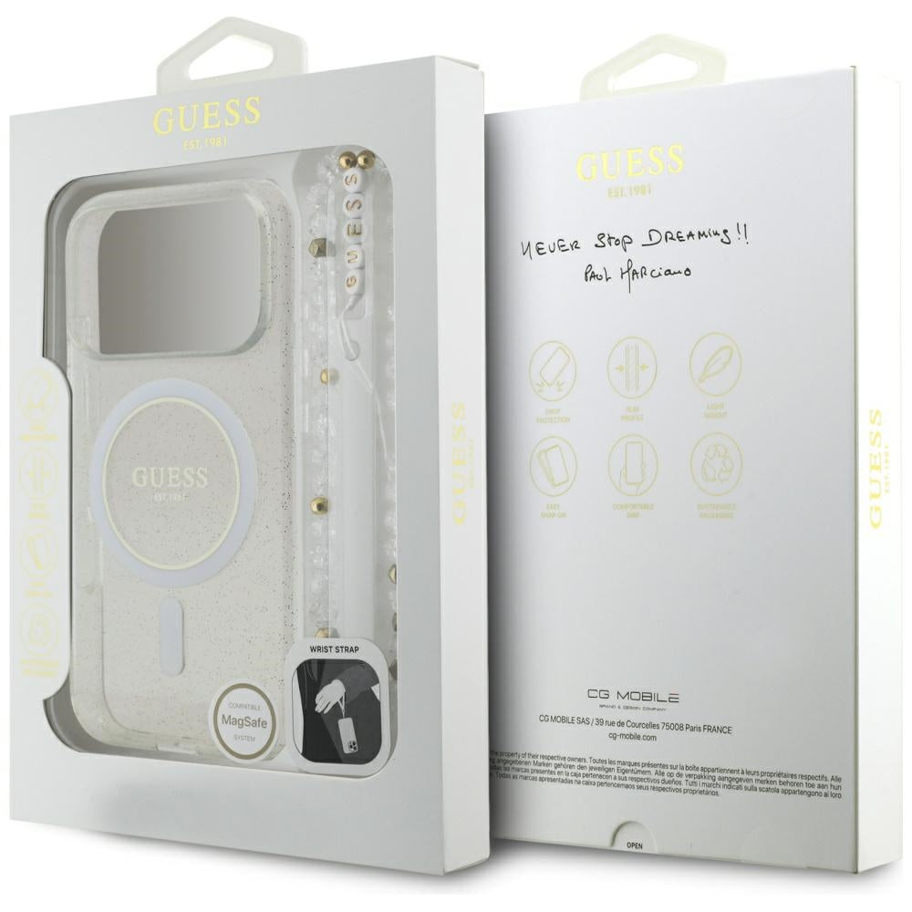 MagSafe-skal för Apple iPhone 17 Pro Max, Guess, IML Glitter med Pärlrem, Transparent