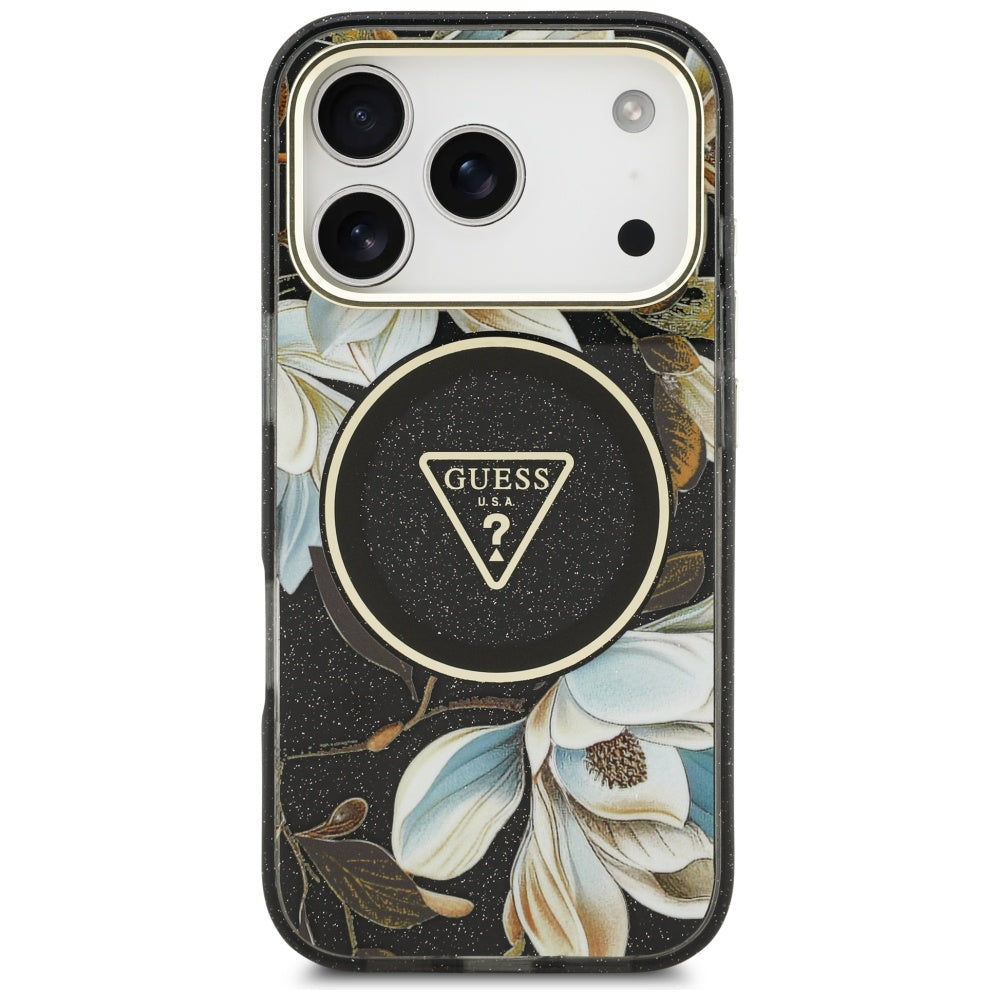 MagSafe Case for Apple iPhone 17 Pro Max, Guess, IML Metal Glitter Flowers Triangle, Black
