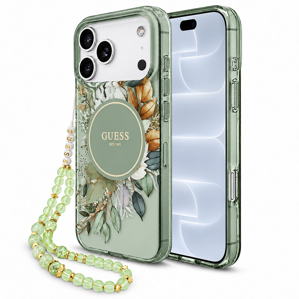 MagSafe-skal för Apple iPhone 18 Pro / 17 Pro, Guess, IML Flowers with Pearl Strap, grön