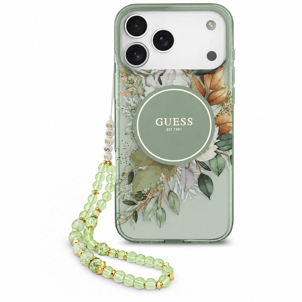 MagSafe-skal för Apple iPhone 18 Pro / 17 Pro, Guess, IML Flowers with Pearl Strap, grön