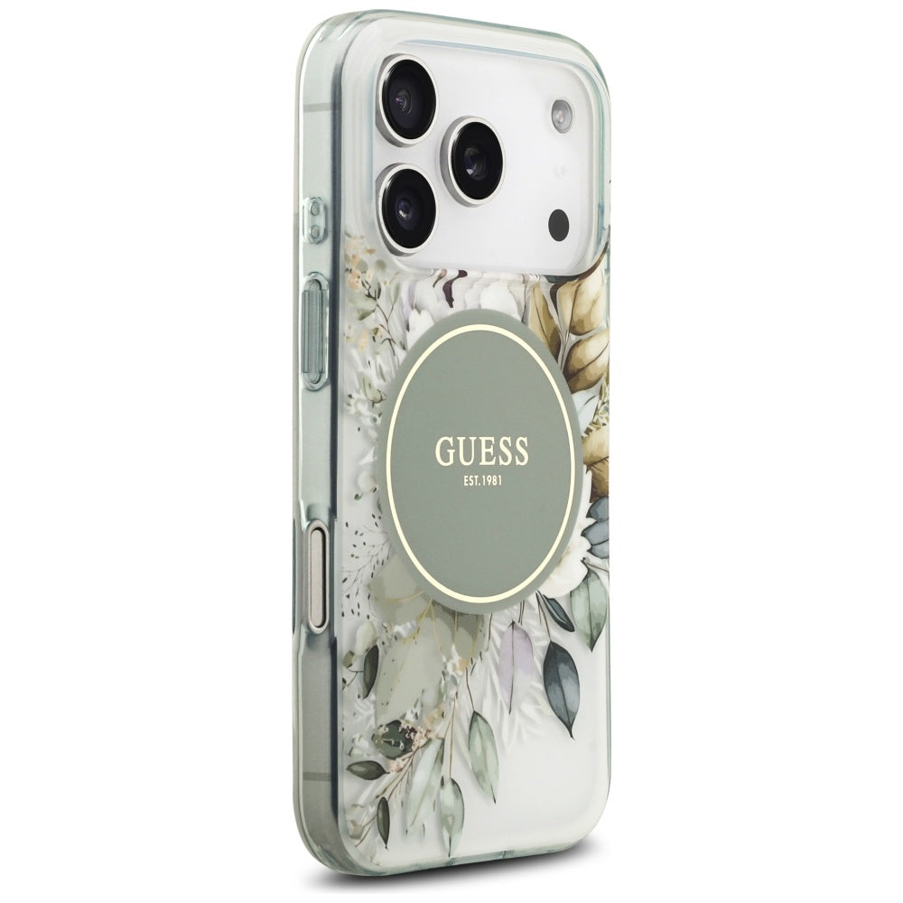 MagSafe-skal för Apple iPhone 18 Pro / 17 Pro, Guess, IML Flowers with Pearl Strap, grön