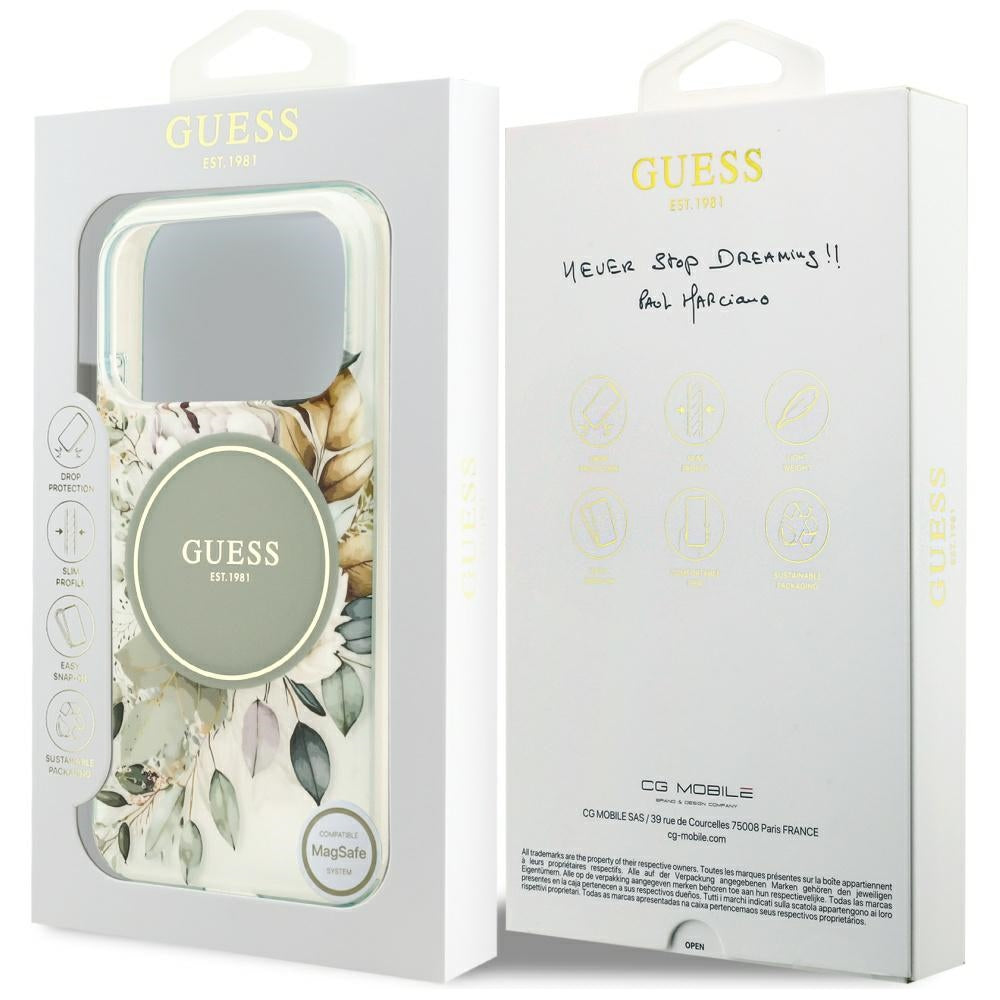 MagSafe-skal för Apple iPhone 18 Pro / 17 Pro, Guess, IML Flowers with Pearl Strap, grön