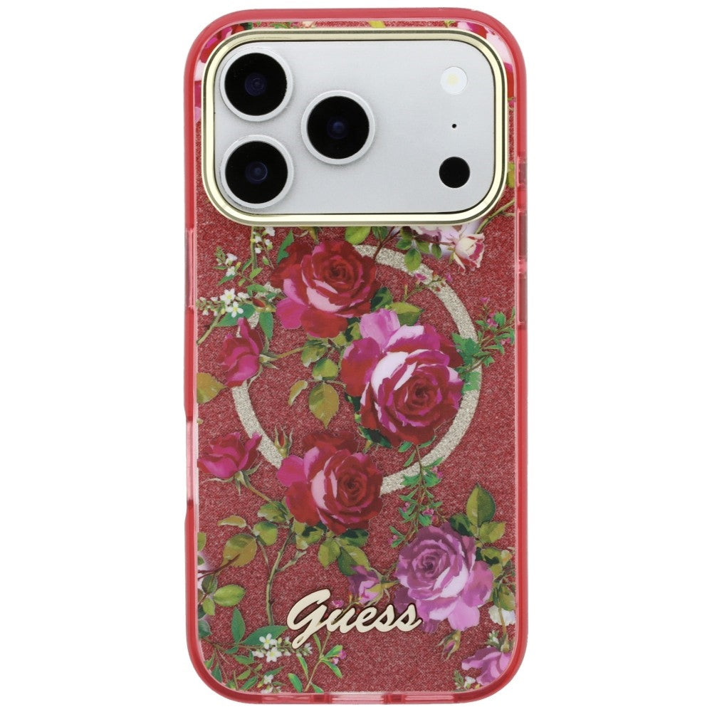 MagSafe-fodral för Apple iPhone 18 Pro / 17 Pro, Guess, IML Glitter Blossom Roses, Vinröd