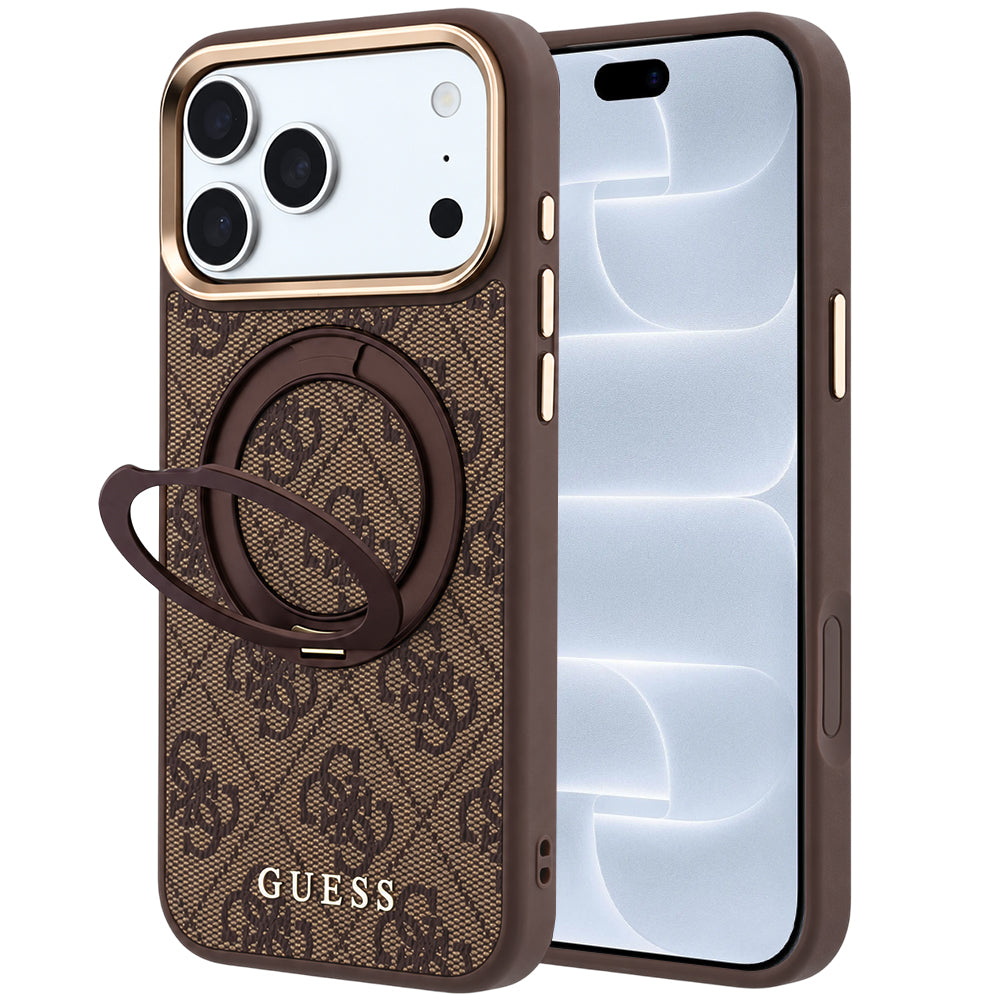 MagSafe-fodral för Apple iPhone 18 Pro / 17 Pro, Guess, Ring Stand 360 4G Classic Logo, Brun