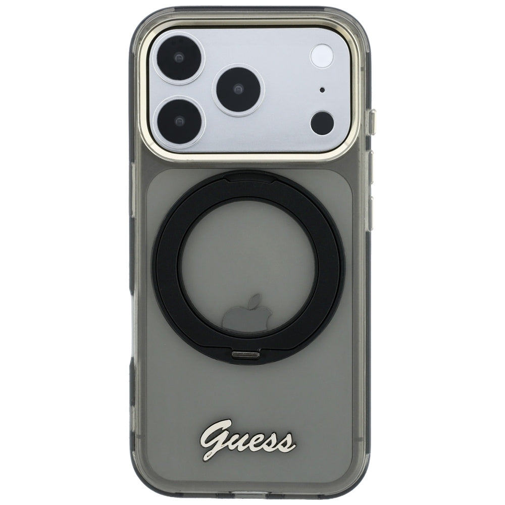 MagSafe-fodral för Apple iPhone 18 Pro / 17 Pro, Guess, Ring Stand Script Metal Logo, Svart