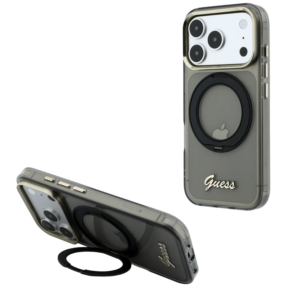MagSafe-fodral för Apple iPhone 18 Pro / 17 Pro, Guess, Ring Stand Script Metal Logo, Svart