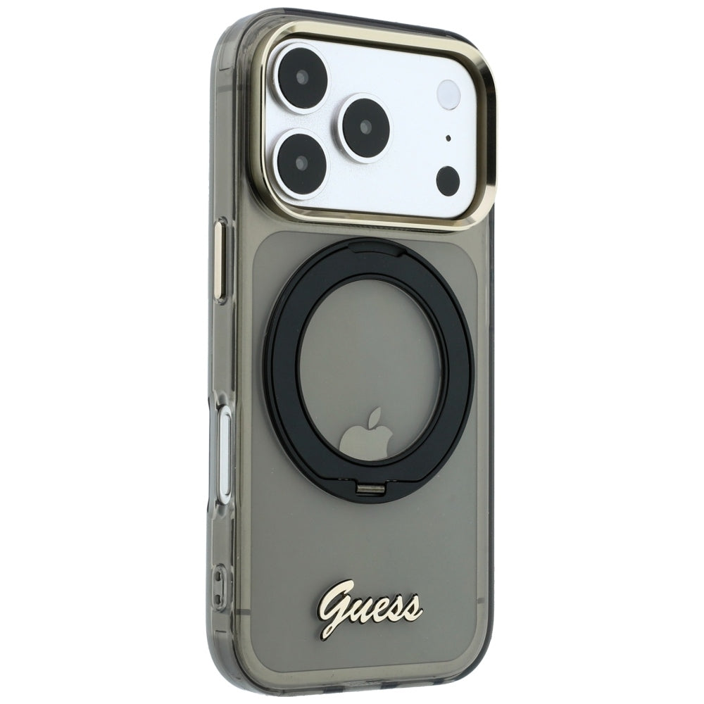 MagSafe-fodral för Apple iPhone 18 Pro / 17 Pro, Guess, Ring Stand Script Metal Logo, Svart