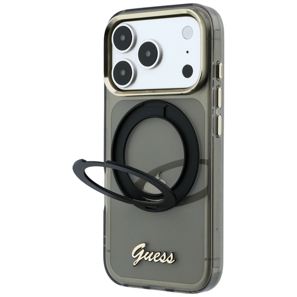MagSafe-fodral för Apple iPhone 18 Pro / 17 Pro, Guess, Ring Stand Script Metal Logo, Svart
