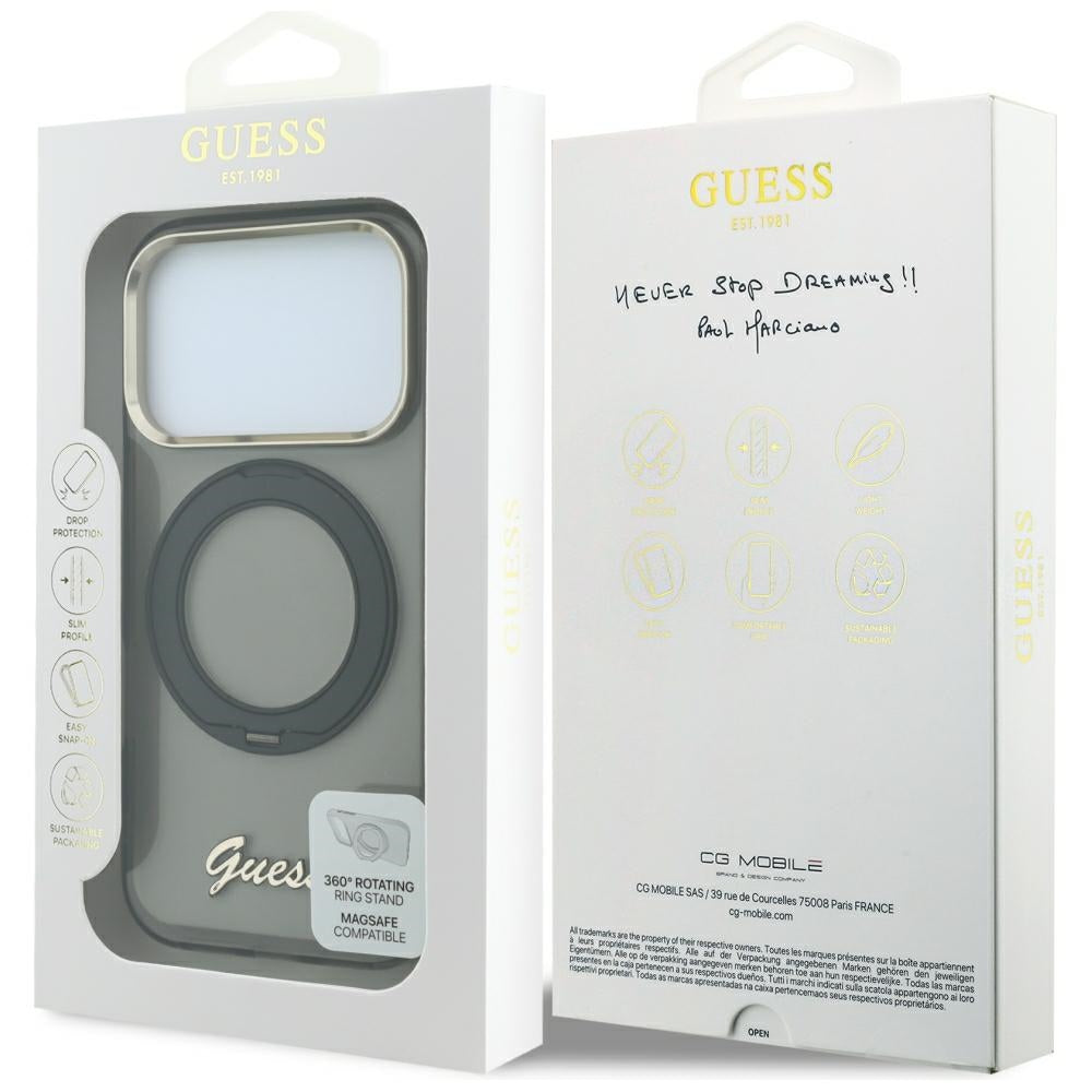 MagSafe-fodral för Apple iPhone 18 Pro / 17 Pro, Guess, Ring Stand Script Metal Logo, Svart