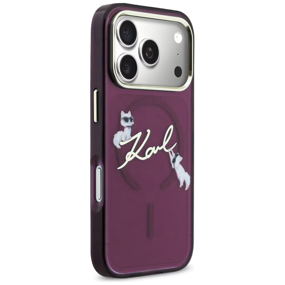 MagSafe-fodral för Apple iPhone 18 Pro / 17 Pro, Karl Lagerfeld, IML Choupette Karl Script Logo, Vinröd