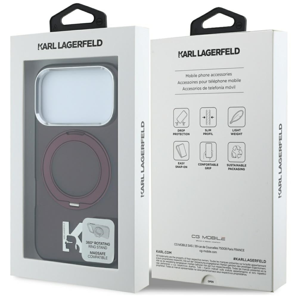 MagSafe-fodral för Apple iPhone 18 Pro / 17 Pro, Karl Lagerfeld, IML Ring Stand Kameo Metal, Vinröd