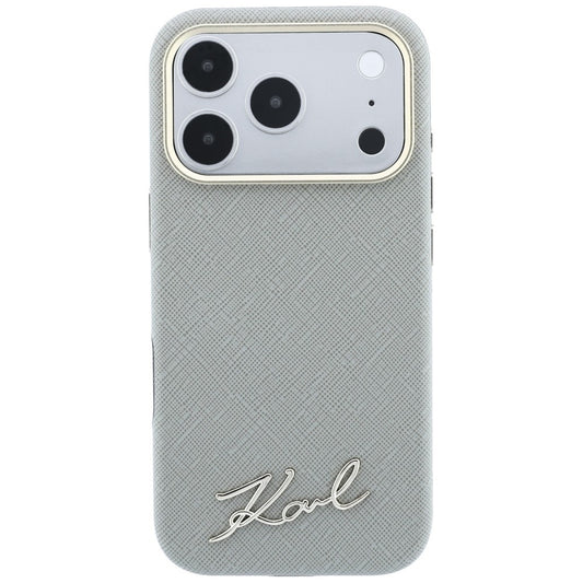 MagSafe-fodral för Apple iPhone 18 Pro / 17 Pro, Karl Lagerfeld, Saffiano Small Script Metal Logo, Grå Beige