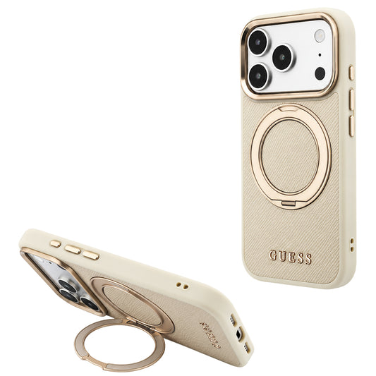 MagSafe-fodral för Apple iPhone 18 Pro Max / 17 Pro Max, Guess, Grained Ring Stand 360 Classic, Beige