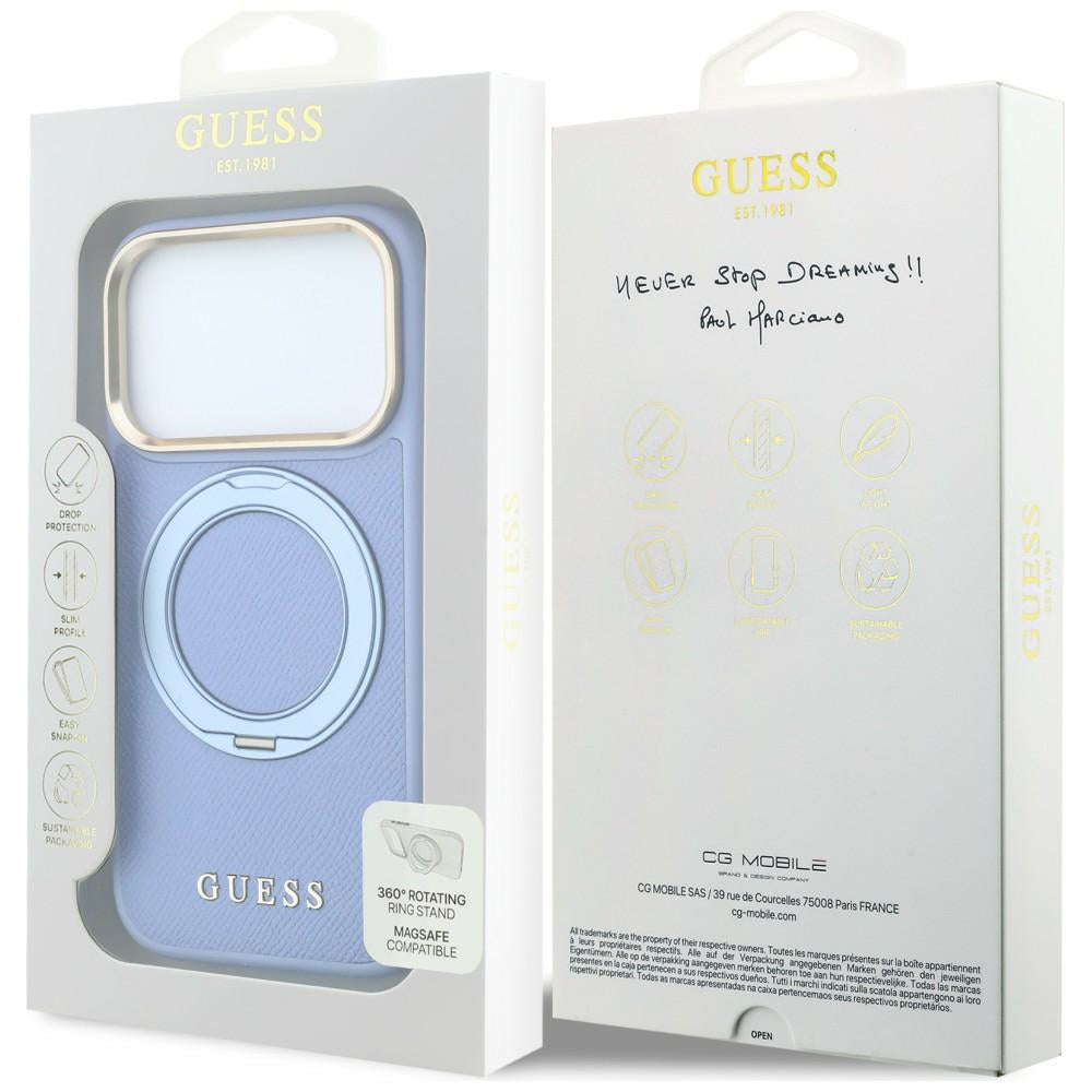 MagSafe Case for Apple iPhone 18 Pro Max / 17 Pro Max, Guess, Grained Ring Stand 360 Classic, Blue
