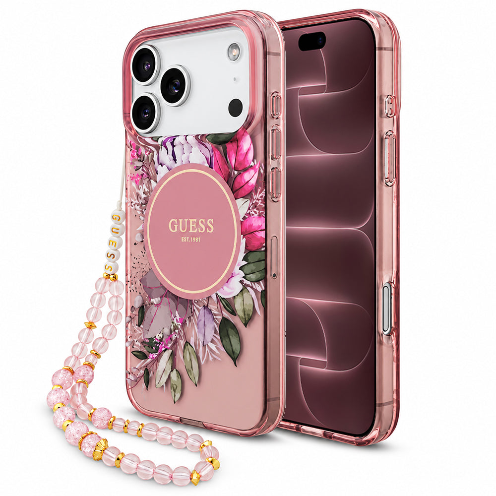 MagSafe-skal för Apple iPhone 18 Pro Max / 17 Pro Max, Guess, IML Flowers with Pearl Strap, rosa