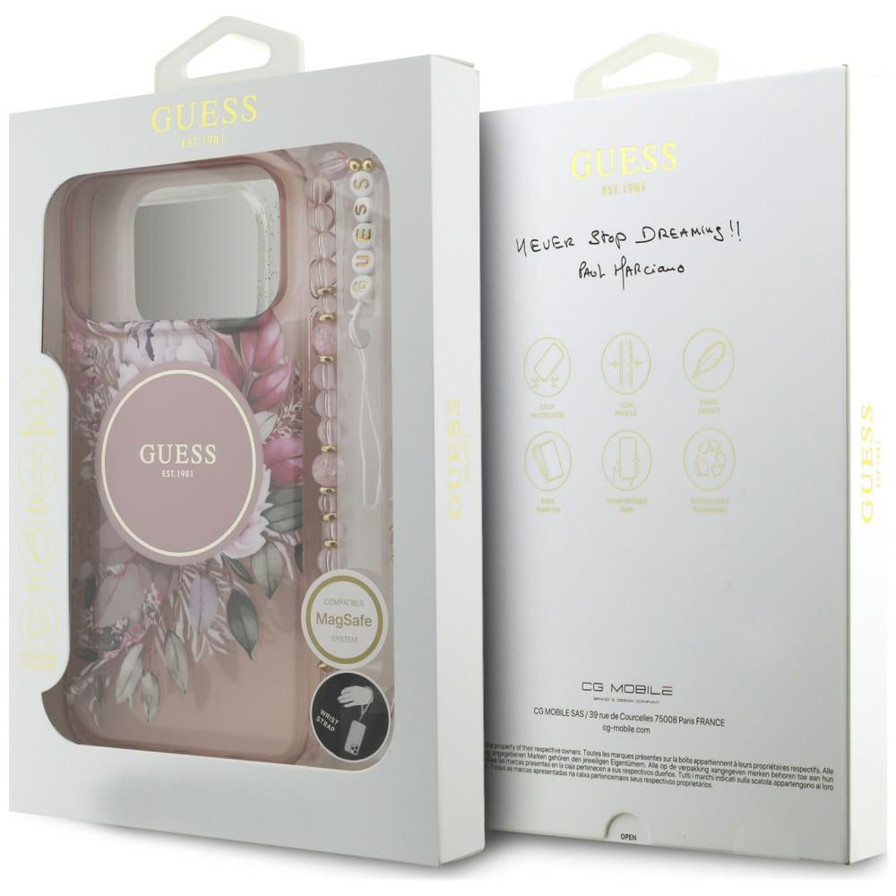 MagSafe-skal för Apple iPhone 18 Pro Max / 17 Pro Max, Guess, IML Flowers with Pearl Strap, rosa