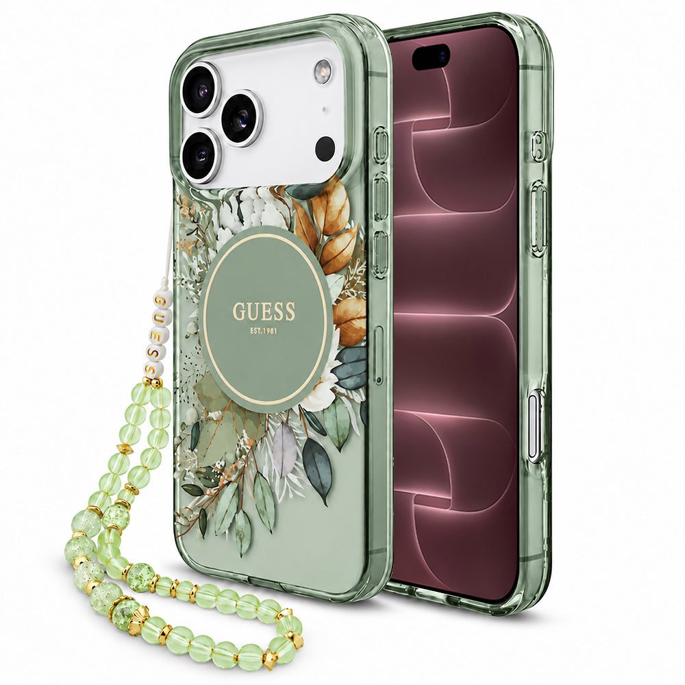 MagSafe-skal för Apple iPhone 18 Pro Max / 17 Pro Max, Guess, IML Flowers with Pearl Strap, grön