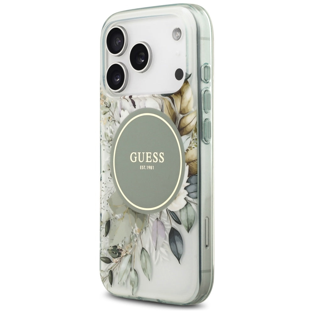 MagSafe-skal för Apple iPhone 18 Pro Max / 17 Pro Max, Guess, IML Flowers with Pearl Strap, grön