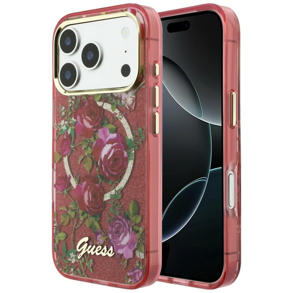 MagSafe-fodral för Apple iPhone 18 Pro Max / 17 Pro Max, Guess, IML Glitter Blossom Roses, Vinröd