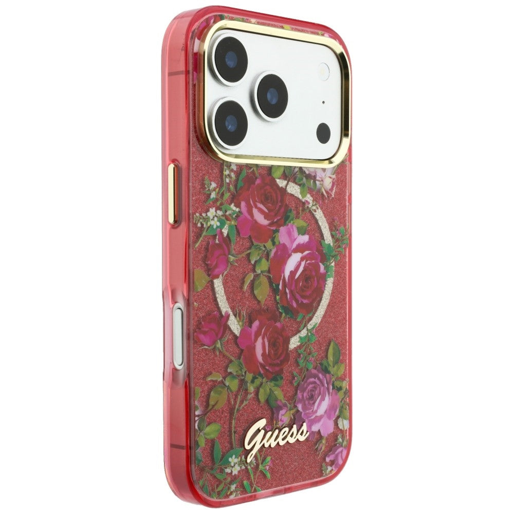 MagSafe-fodral för Apple iPhone 18 Pro Max / 17 Pro Max, Guess, IML Glitter Blossom Roses, Vinröd