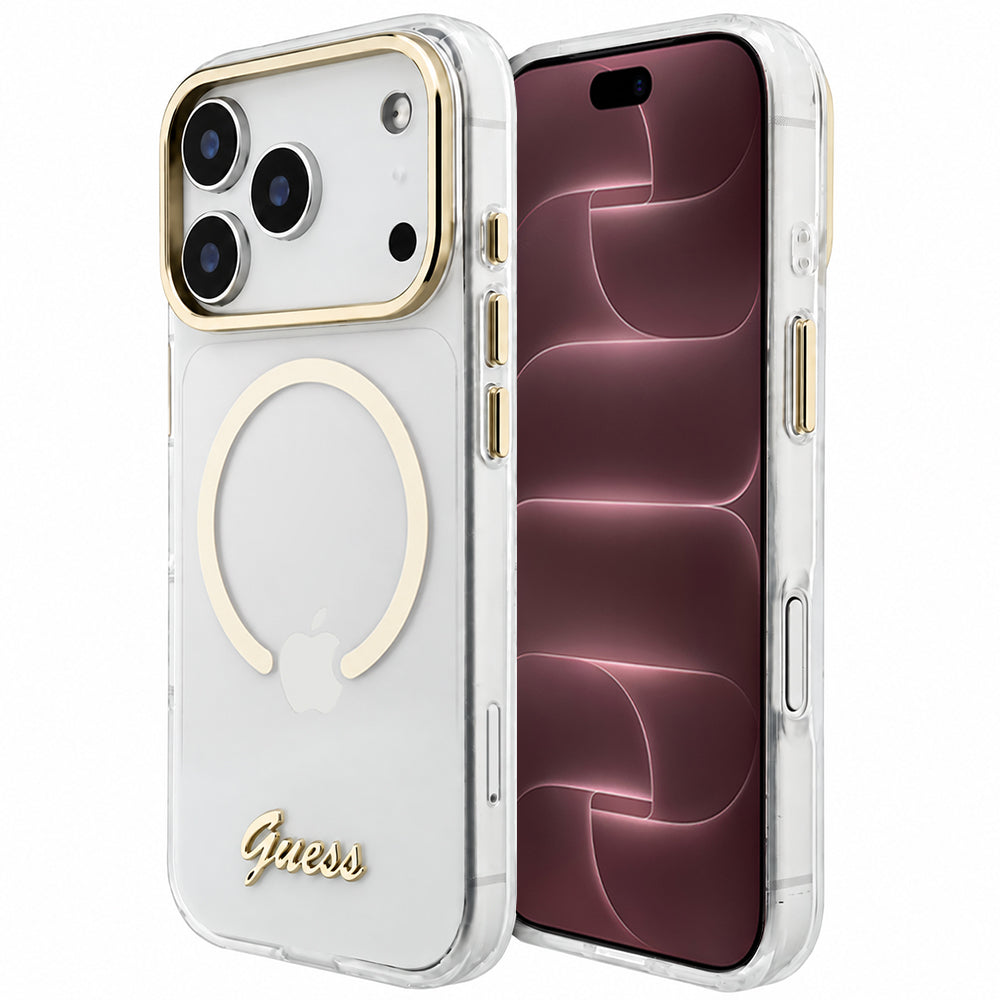 MagSafe-skal för Apple iPhone 18 Pro Max / 17 Pro Max, Guess, IML Script Metal, transparent