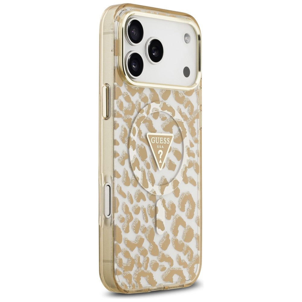 MagSafe-fodral för Apple iPhone 18 Pro Max / 17 Pro Max, Guess, Leopard Glitter Triangle Logo, Brun