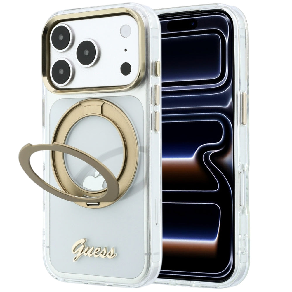 MagSafe-fodral för Apple iPhone 18 Pro Max / 17 Pro Max, Guess, Ring Stand Script Metal Logo, Transparent