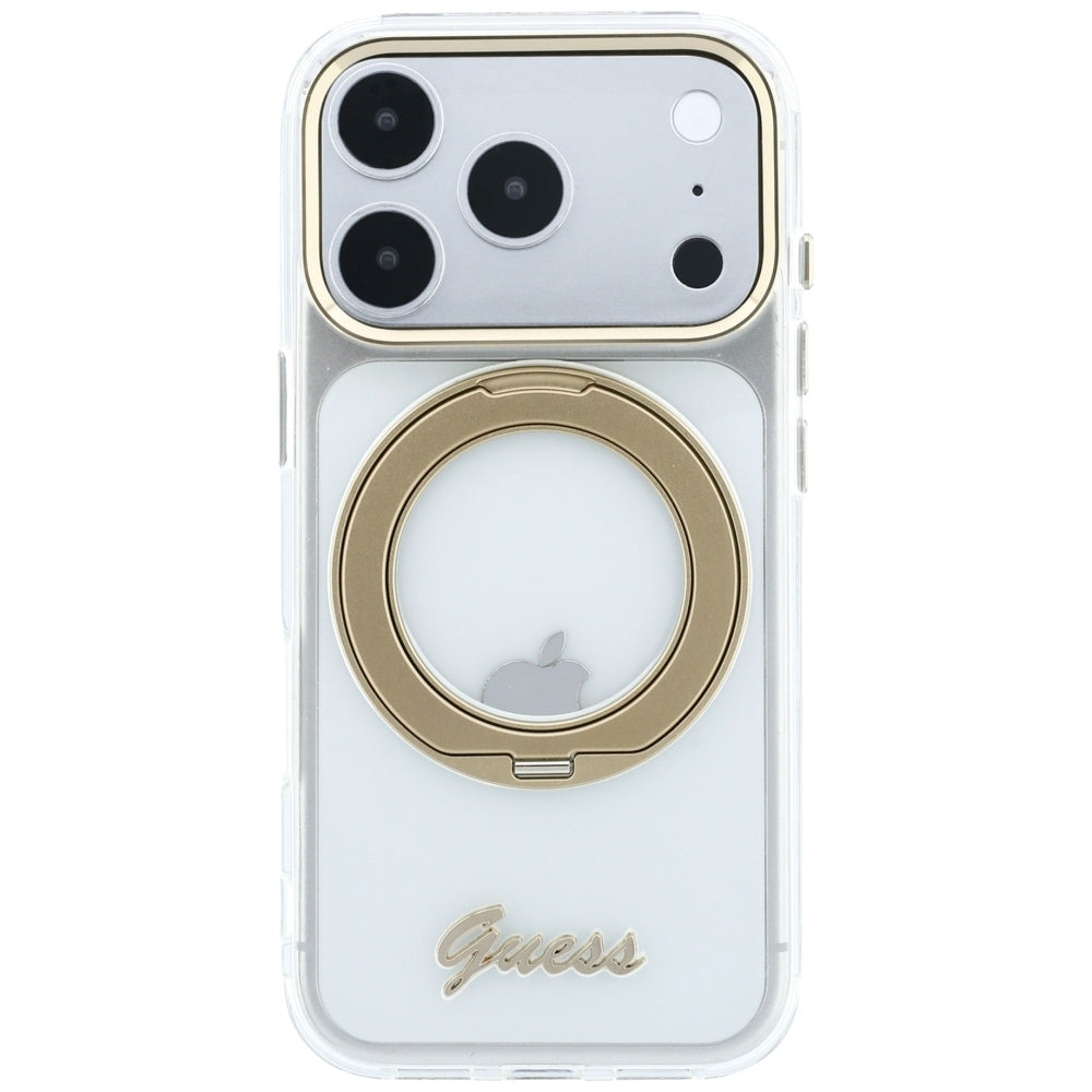 MagSafe-fodral för Apple iPhone 18 Pro Max / 17 Pro Max, Guess, Ring Stand Script Metal Logo, Transparent