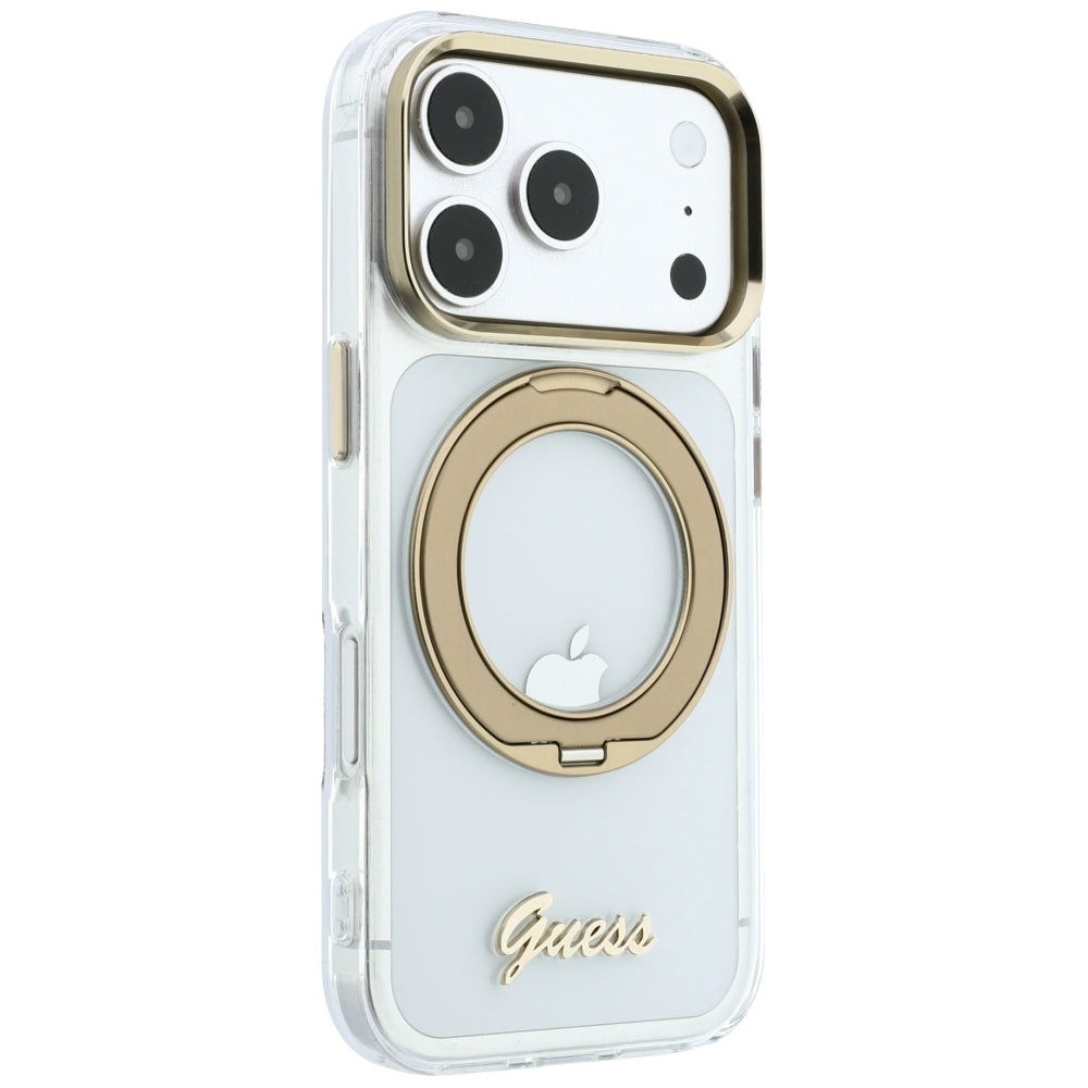 MagSafe-fodral för Apple iPhone 18 Pro Max / 17 Pro Max, Guess, Ring Stand Script Metal Logo, Transparent