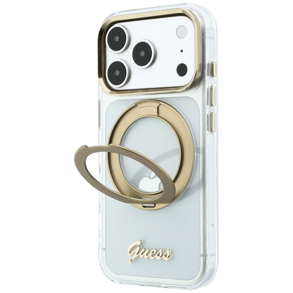 MagSafe-fodral för Apple iPhone 18 Pro Max / 17 Pro Max, Guess, Ring Stand Script Metal Logo, Transparent