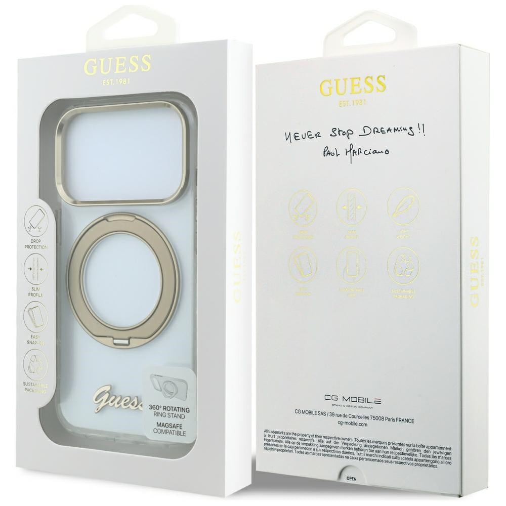MagSafe-fodral för Apple iPhone 18 Pro Max / 17 Pro Max, Guess, Ring Stand Script Metal Logo, Transparent