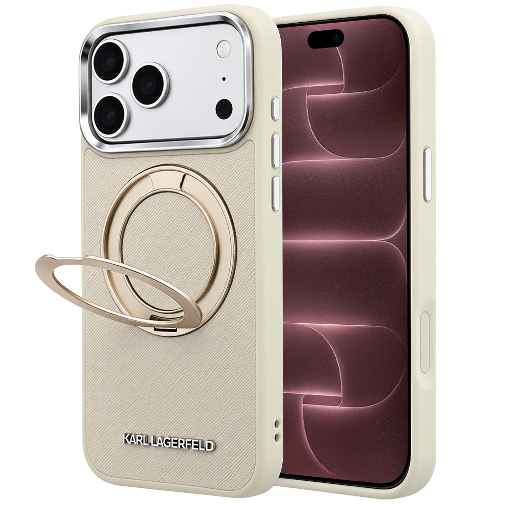 MagSafe-skal för Apple iPhone 18 Pro Max / 17 Pro Max, Karl Lagerfeld, Ring Stand 360 Saffiano, beige