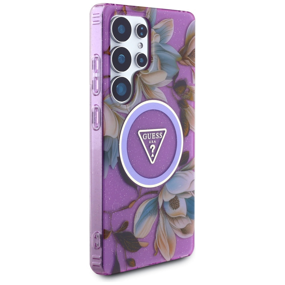 MagSafe Case for Samsung Galaxy S25 Ultra S938, Guess, IML Metal Glitter Flowers Triangle, Purple