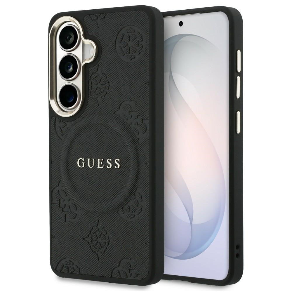 MagSafe-fodral för Samsung Galaxy S26 S942, Guess, Saffiano Peony Embossed Ring, Svart