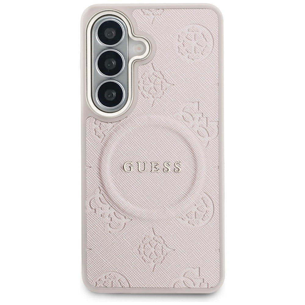 MagSafe-fodral för Samsung Galaxy S26 S942, Guess, Saffiano Peony Embossed Ring, Rosa