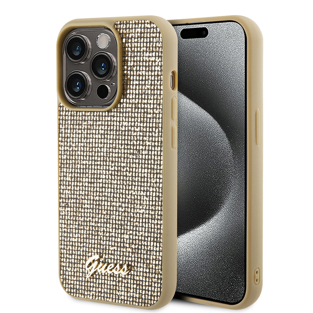 Fodral för Apple iPhone 15 Pro, Guess, PU Square Mirror Script Logo, Guld GUHCP15LPMSDGSD