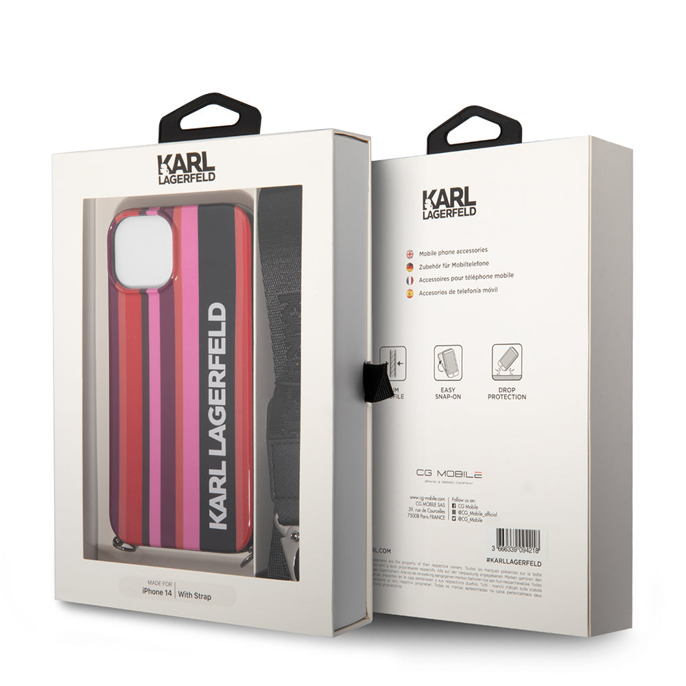Fodral för Apple iPhone 14, Karl Lagerfeld, Color Stripes with Strap, Rosa