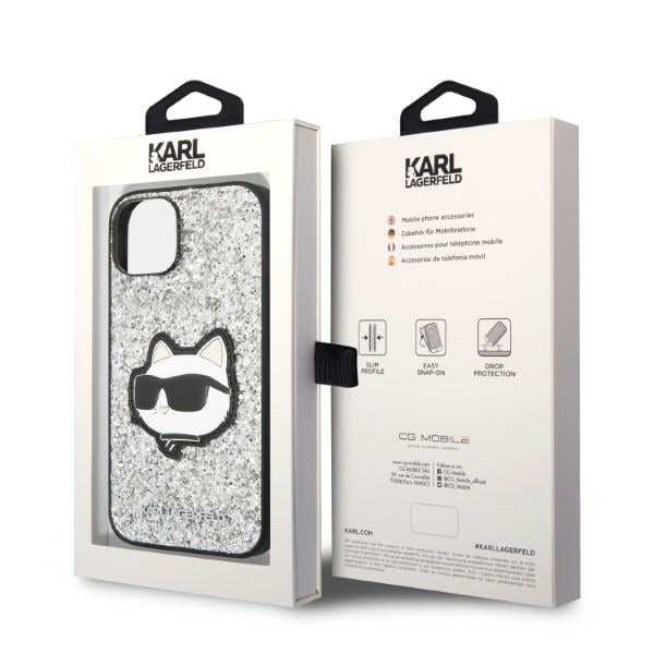 Fodral för Apple iPhone 14, Karl Lagerfeld, Glitter Choupette Patch, Silver