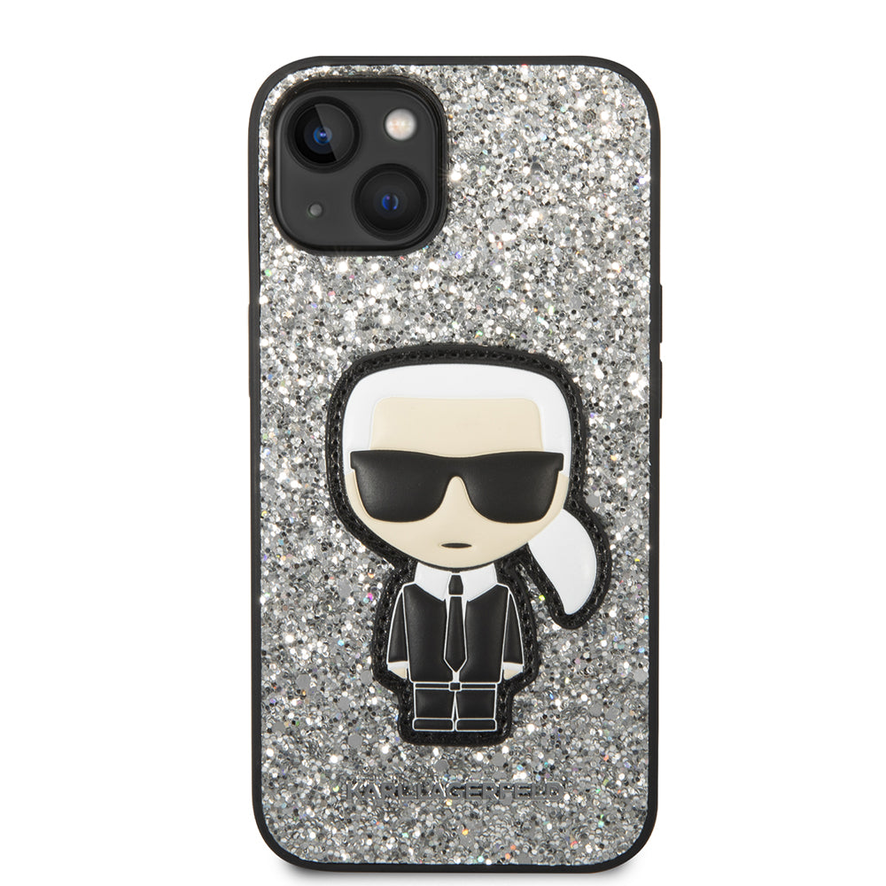 Fodral för Apple iPhone 14, Karl Lagerfeld, Glitter Flakes Ikonik Karl, Silver