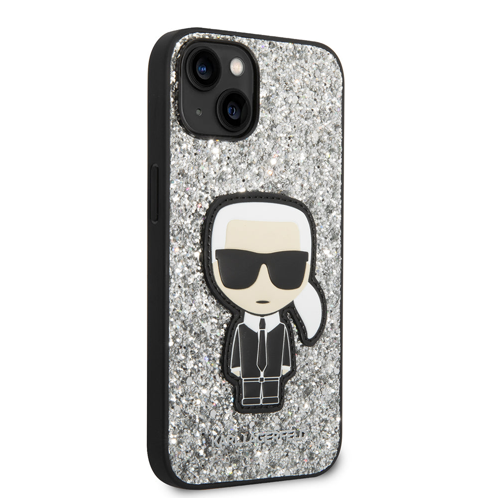 Fodral för Apple iPhone 14, Karl Lagerfeld, Glitter Flakes Ikonik Karl, Silver
