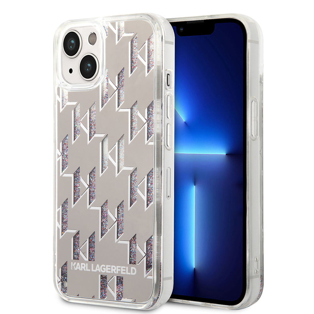 Fodral för Apple iPhone 14, Karl Lagerfeld, Liquid Glitter Monogram, Silver