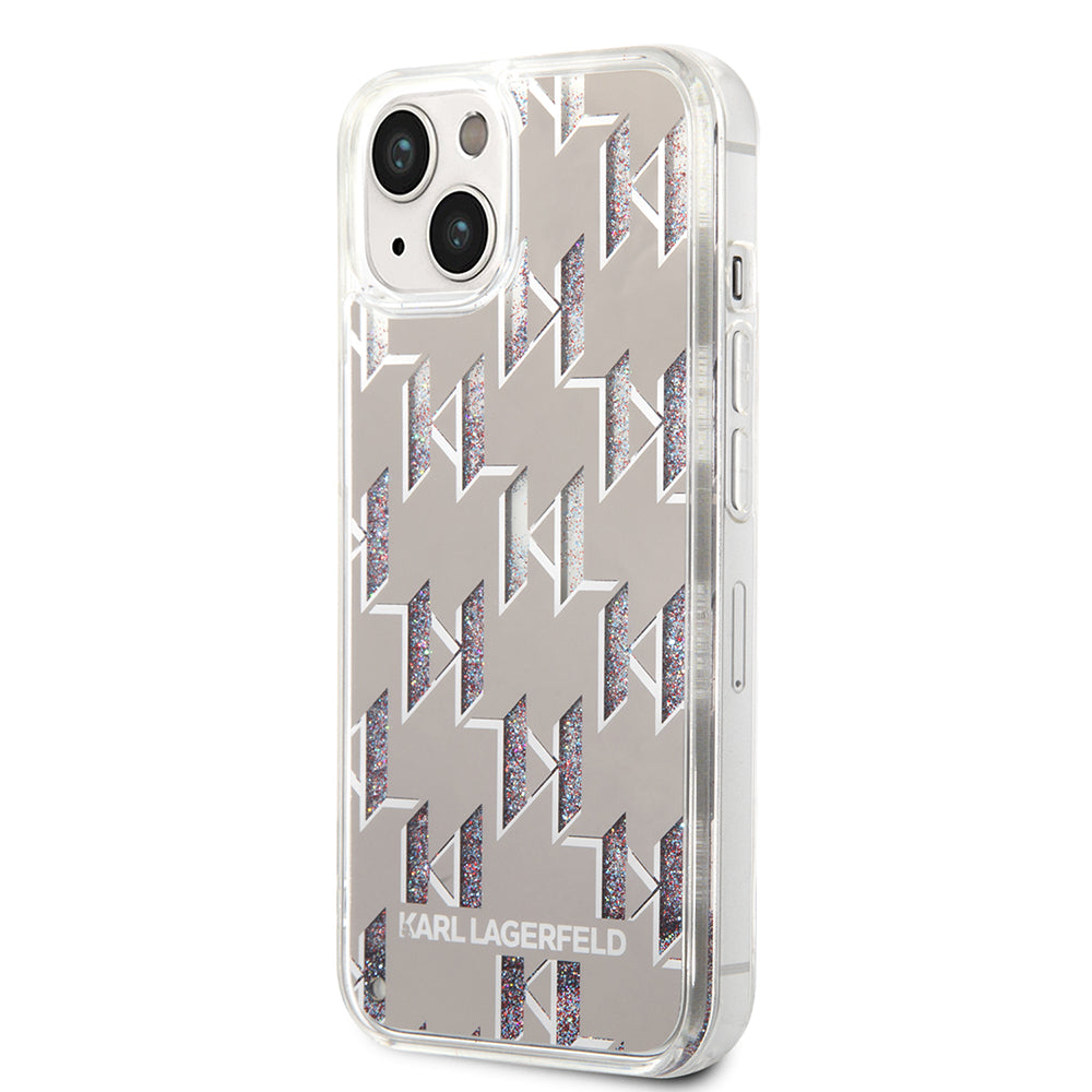 Fodral för Apple iPhone 14, Karl Lagerfeld, Liquid Glitter Monogram, Silver