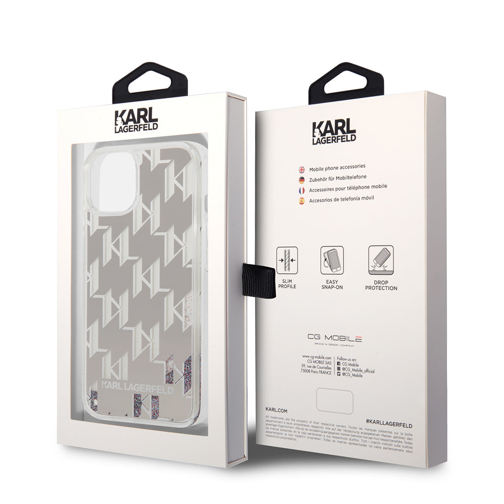 Fodral för Apple iPhone 14, Karl Lagerfeld, Liquid Glitter Monogram, Silver