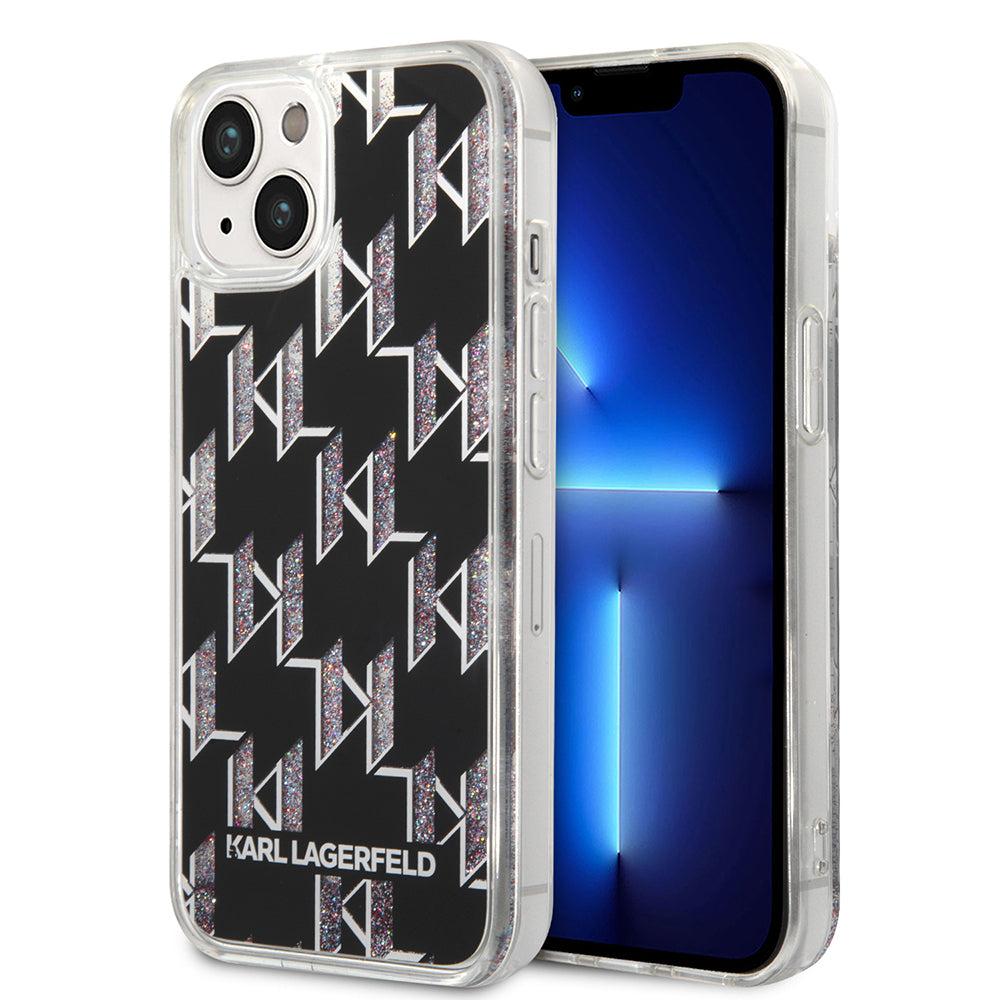 Fodral för Apple iPhone 14, Karl Lagerfeld, Liquid Glitter Monogram, Svart