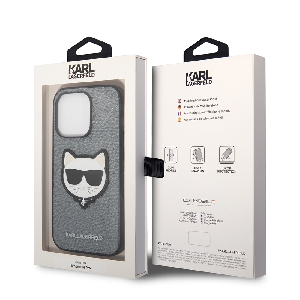 Fodral för Apple iPhone 14, Karl Lagerfeld, Saffiano Choupette's Head, Silver