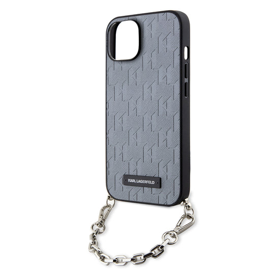Skyddsfodral för Apple iPhone 14, Karl Lagerfeld, Saffiano Monogram Chain, Silver